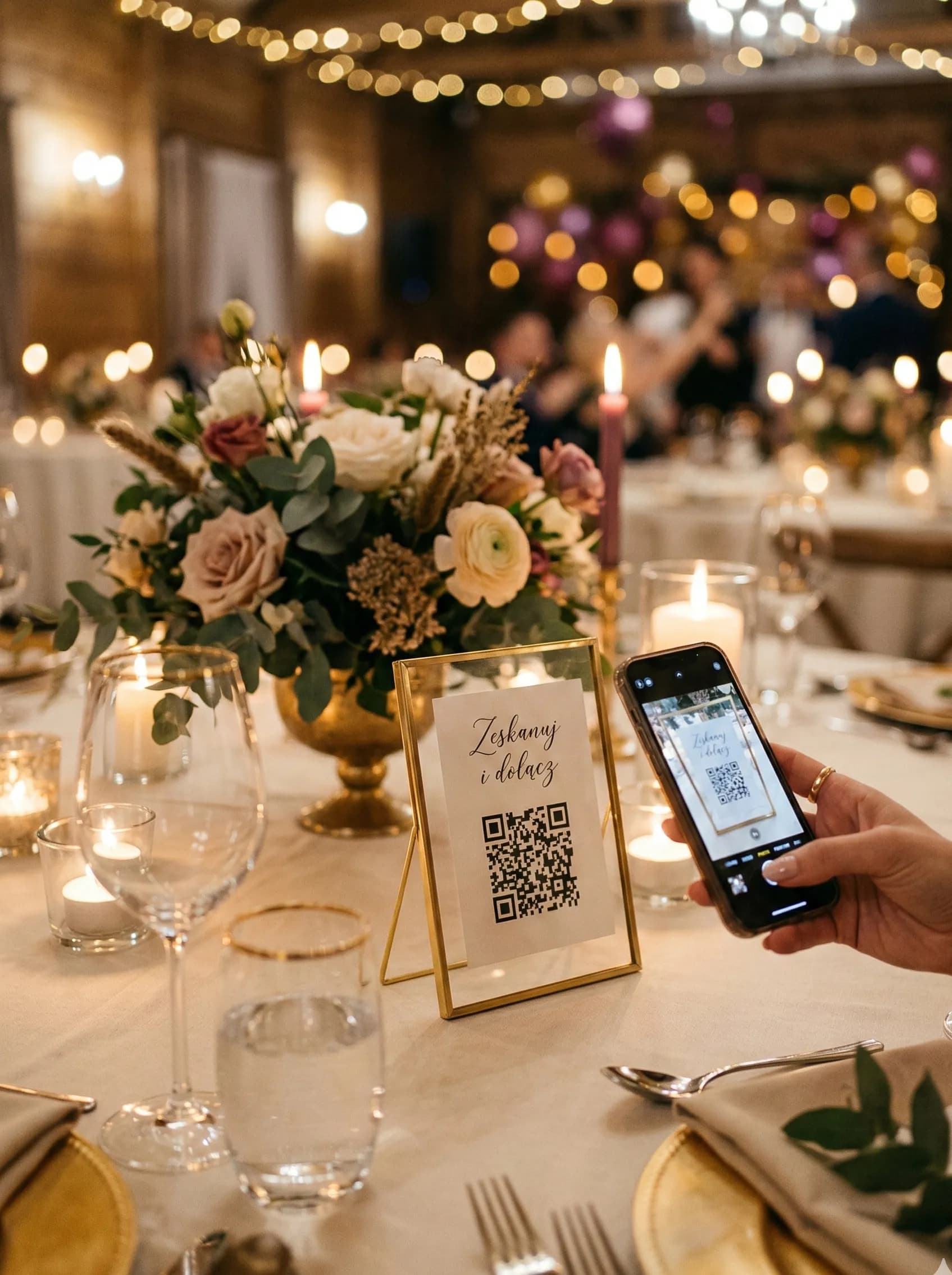 Kartki na stół weselny z kodem QR prowadzącym do aplikacji weselnej
